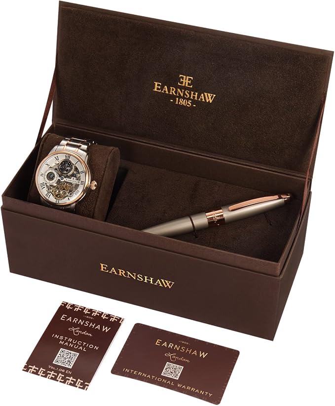 Thomas Earnshaw Mens Watch & Ball Pen Gift Set, Silver/Rose Gold Ball Pen and Longitude Automatic Skeleton Copper Steel Watch ES-8006-AMSET2