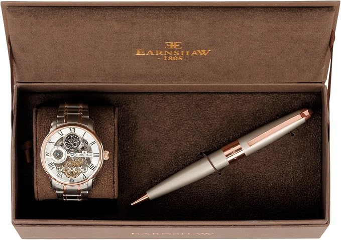 Thomas Earnshaw Mens Watch & Ball Pen Gift Set, Silver/Rose Gold Ball Pen and Longitude Automatic Skeleton Copper Steel Watch ES-8006-AMSET2