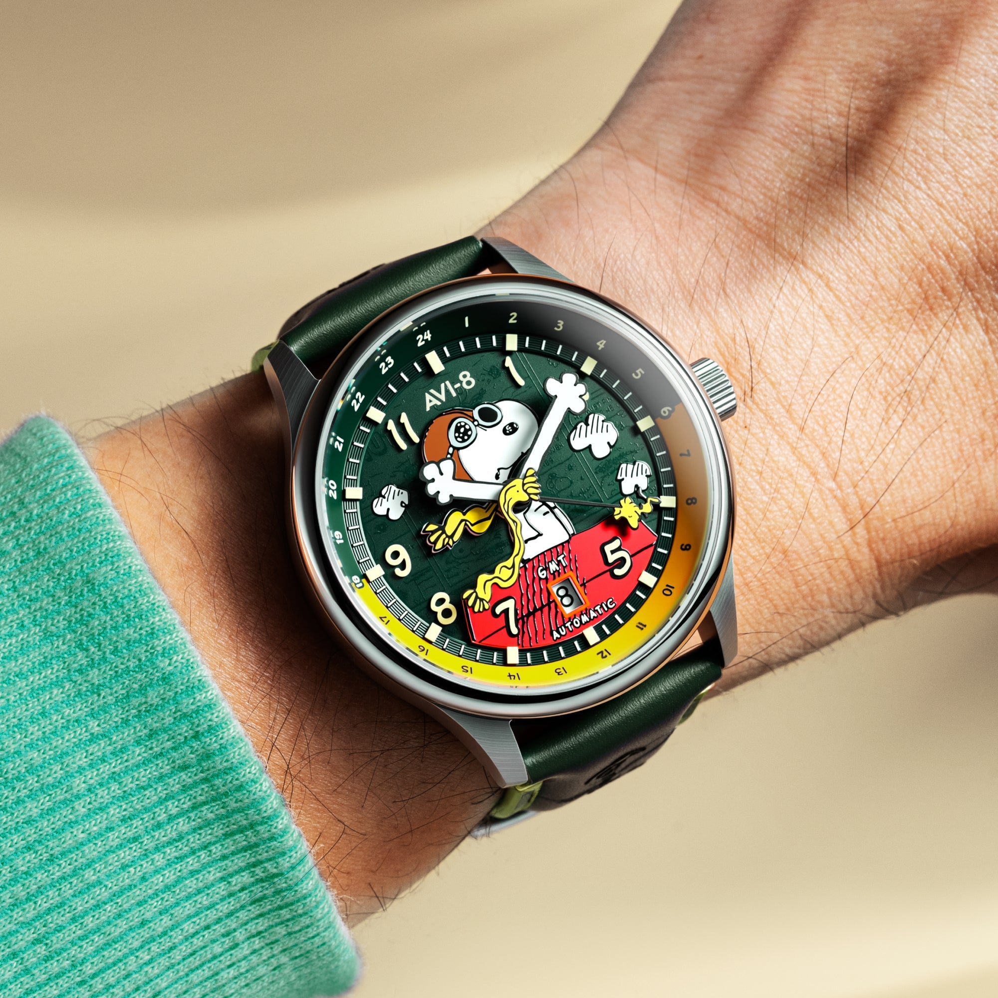 AVI-8 Hawker Hurricane Kent GMT Automatic Peanuts Snoopy Flying Ace Limited Edition Winter Green Men's Watch AV-4136-04