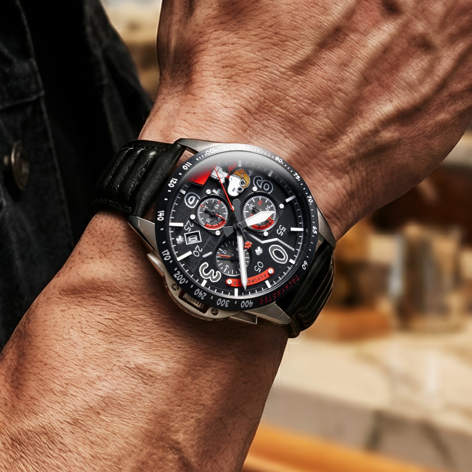 AVI-8 P-51 Mustang Blakeslee Chronograph Peanuts Snoopy Flying Ace Limited Edition Biplane Black Men's Watch AV-4140-01