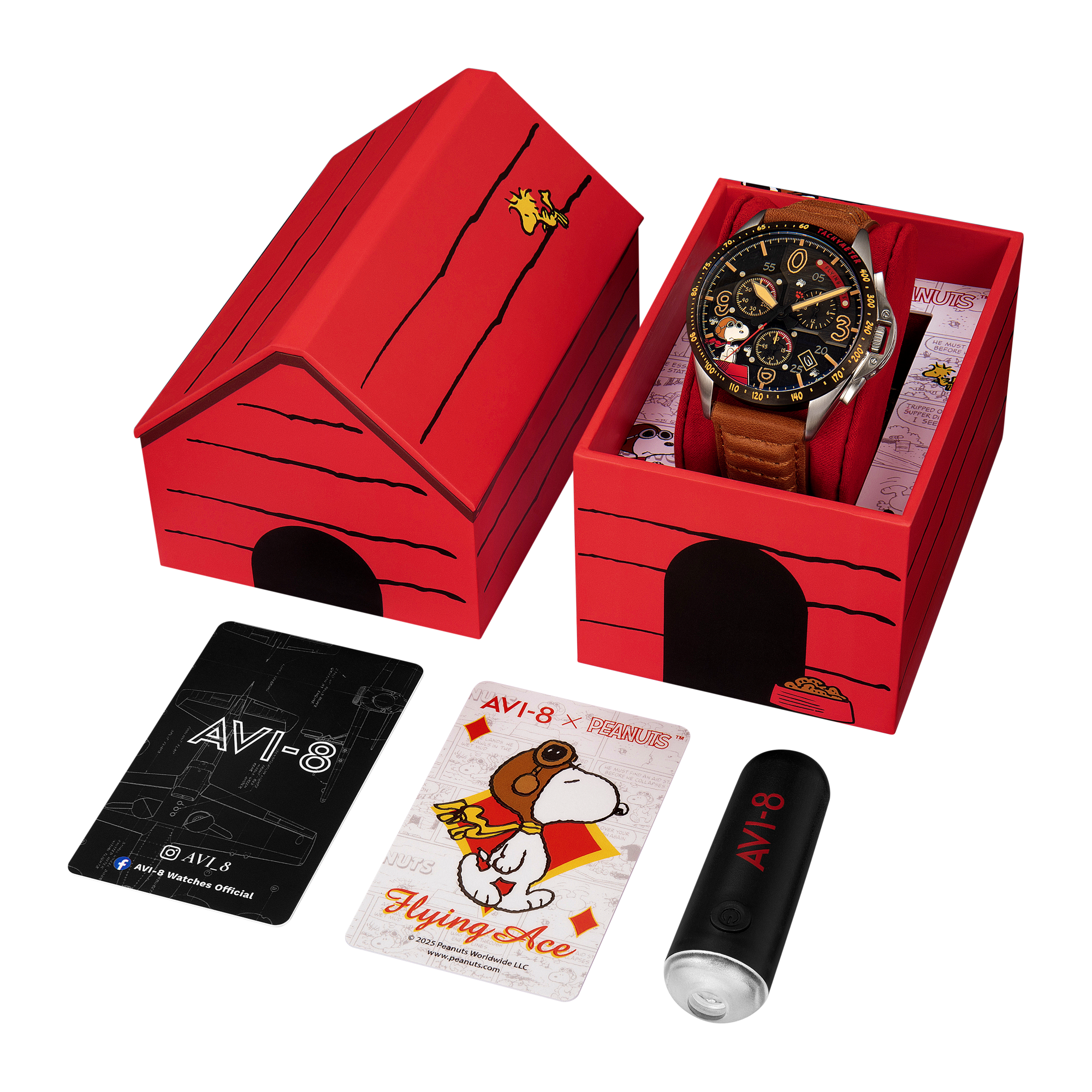 AVI-8 AVI-8 P-51 Mustang Blakeslee Chronograph Peanuts Snoopy Flying Ace Limited Edition Biplane Brown Men's Watch AV-4140-02
