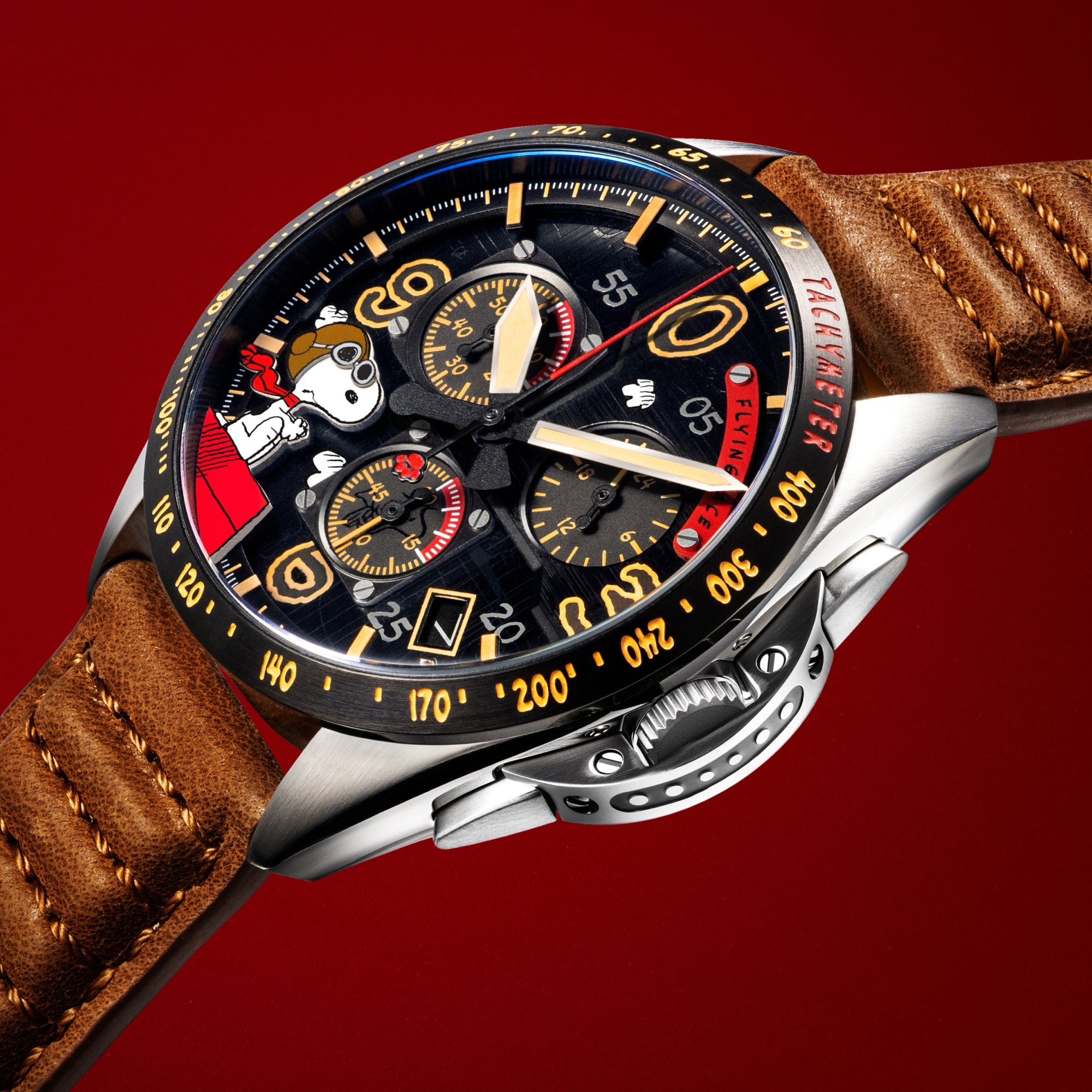 AVI-8 AVI-8 P-51 Mustang Blakeslee Chronograph Peanuts Snoopy Flying Ace Limited Edition Biplane Brown Men's Watch AV-4140-02