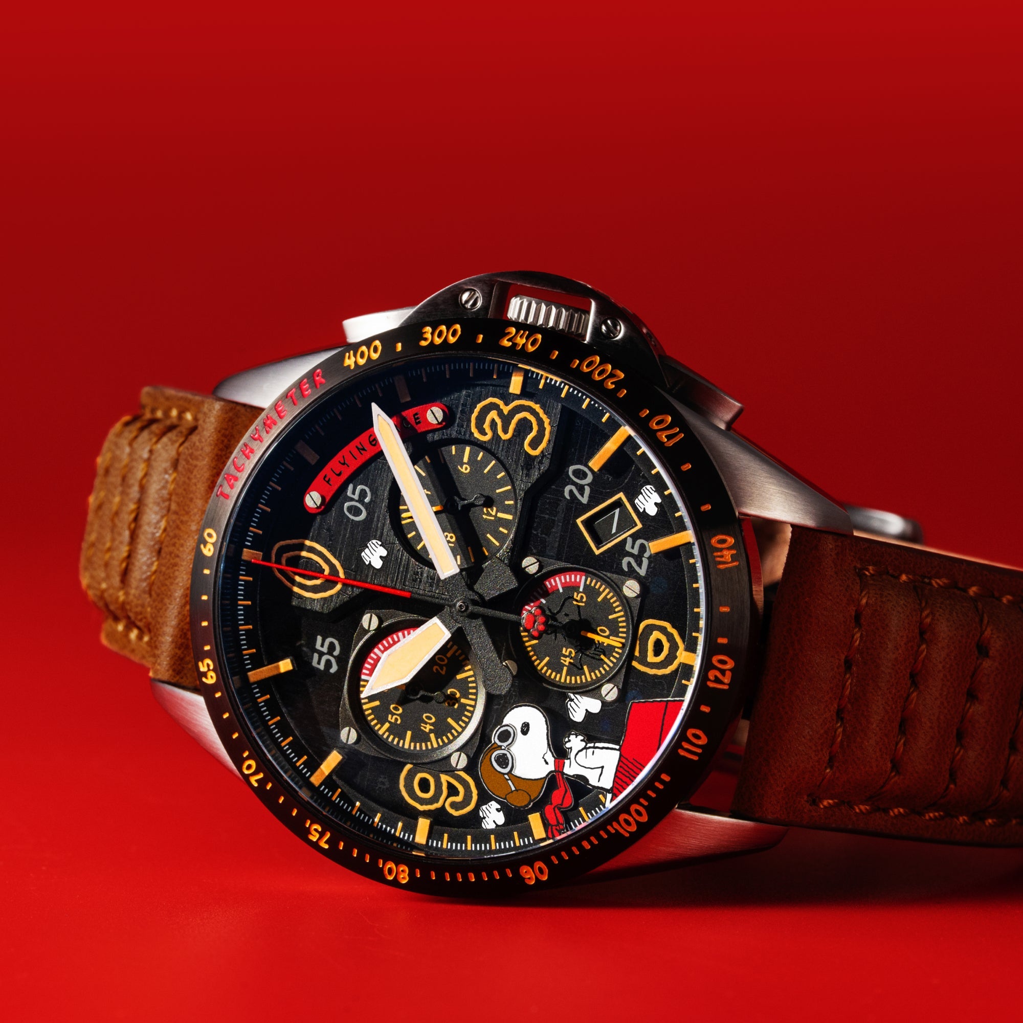 AVI-8 AVI-8 P-51 Mustang Blakeslee Chronograph Peanuts Snoopy Flying Ace Limited Edition Biplane Brown Men's Watch AV-4140-02