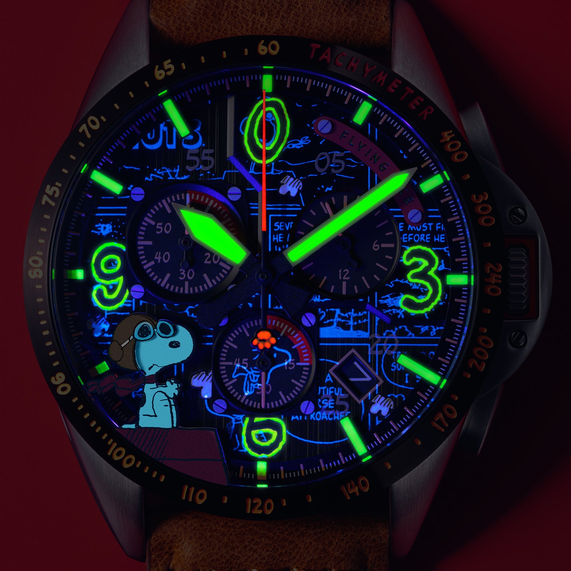 AVI-8 AVI-8 P-51 Mustang Blakeslee Chronograph Peanuts Snoopy Flying Ace Limited Edition Biplane Brown Men's Watch AV-4140-02