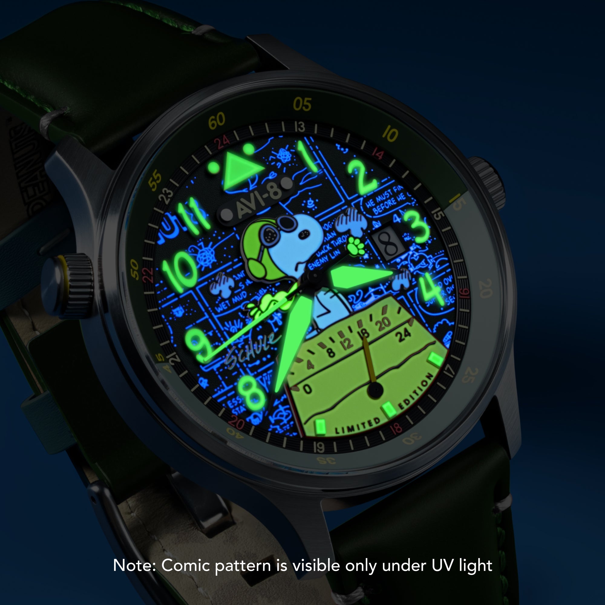 AVI-8 AVI-8 Hawker Hurricane Mckellar Dual Time Peanuts Snoopy Flying Ace Limited Edition Pine Pilot Men's Watch AV-4151-05