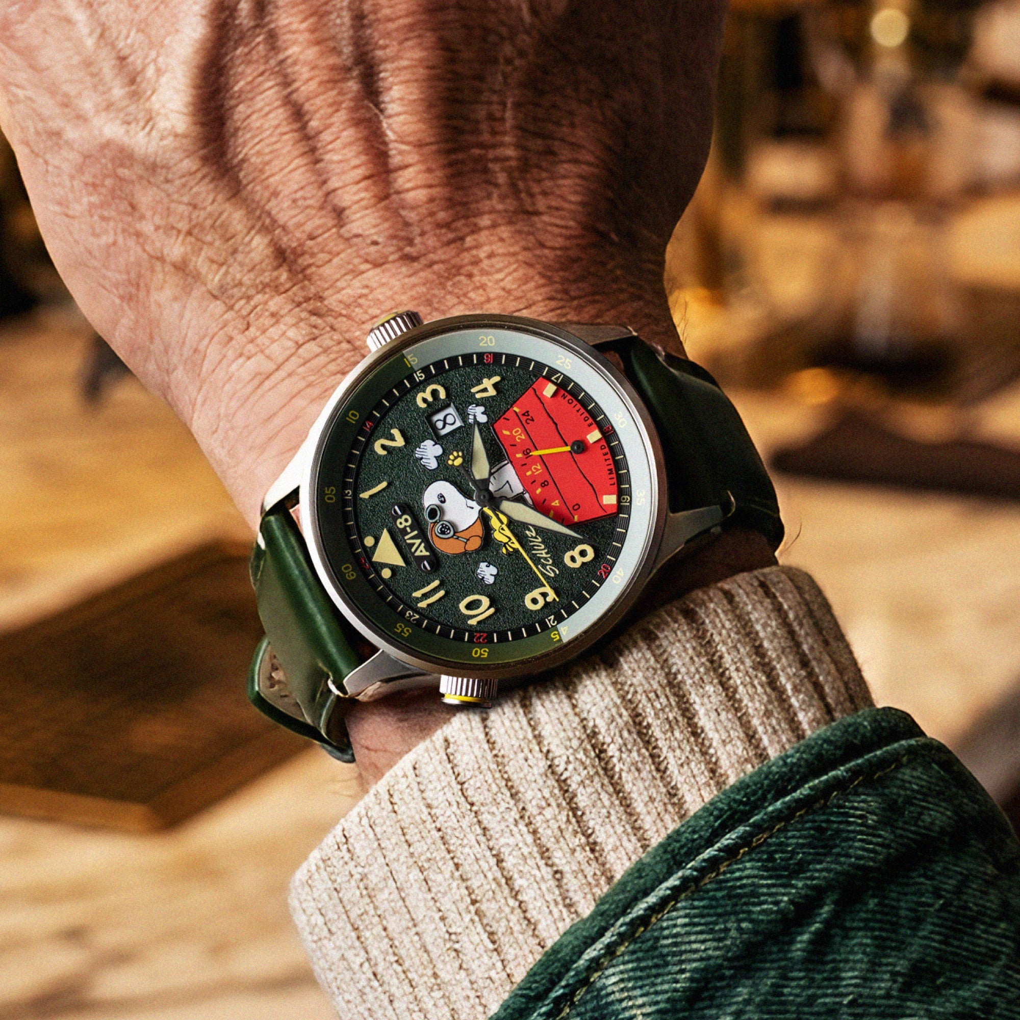 AVI-8 AVI-8 Hawker Hurricane Mckellar Dual Time Peanuts Snoopy Flying Ace Limited Edition Pine Pilot Men's Watch AV-4151-05