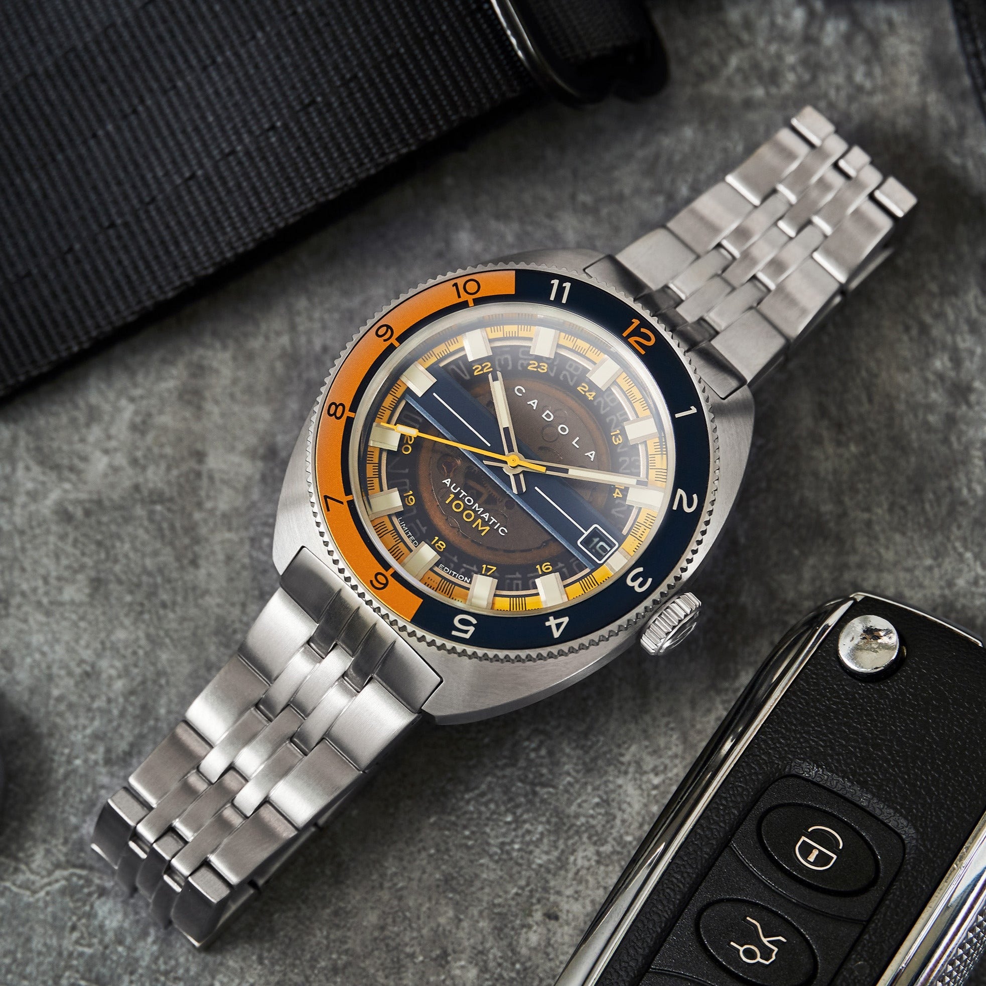 CADOLA Cadola 1977 Automatic Limited Edition Men's Automatic Skeleton Blue Orange Watch CD-1024-11
