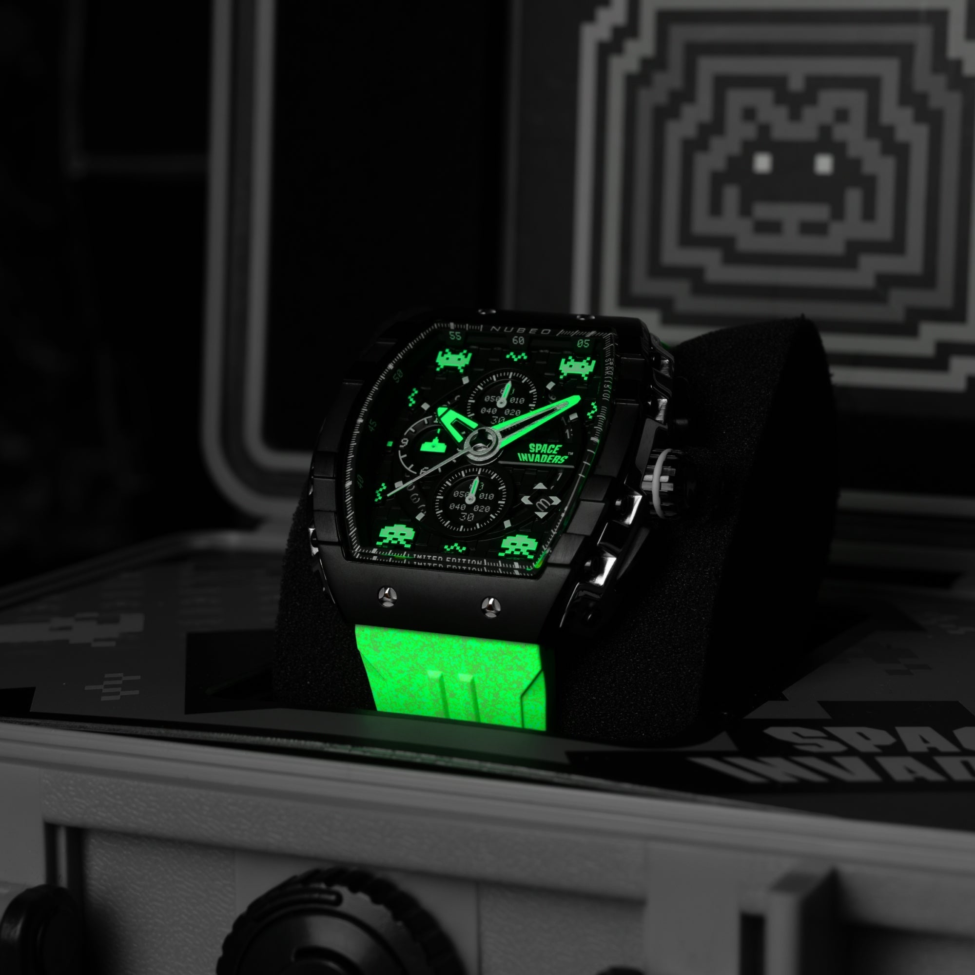 NUBEO Nubeo Magellan Chronograph Space Invaders Limited Edition Lunar Black Men's Watch NB-6024-SI-09