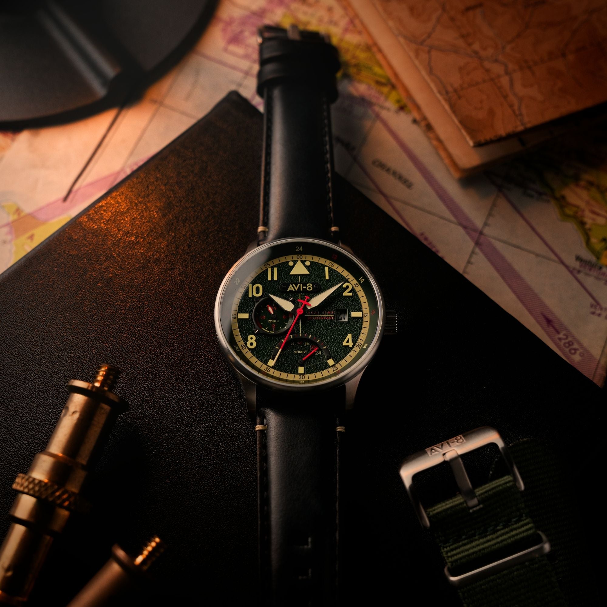 AVI-8 AVI-8 Hawker Hurricane McKellar Dual Time Gothic Green Men's Watch AV-4101-0A