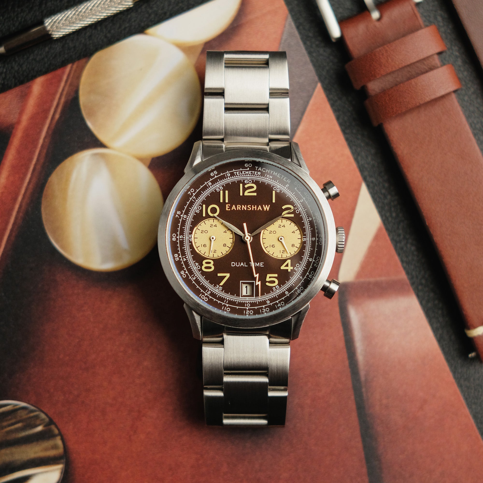 THOMAS EARNSHAW Thomas Earnshaw Men's Ampere Scientists Cognac Japanese Quartz Dual Time Watch - ES-8186-44