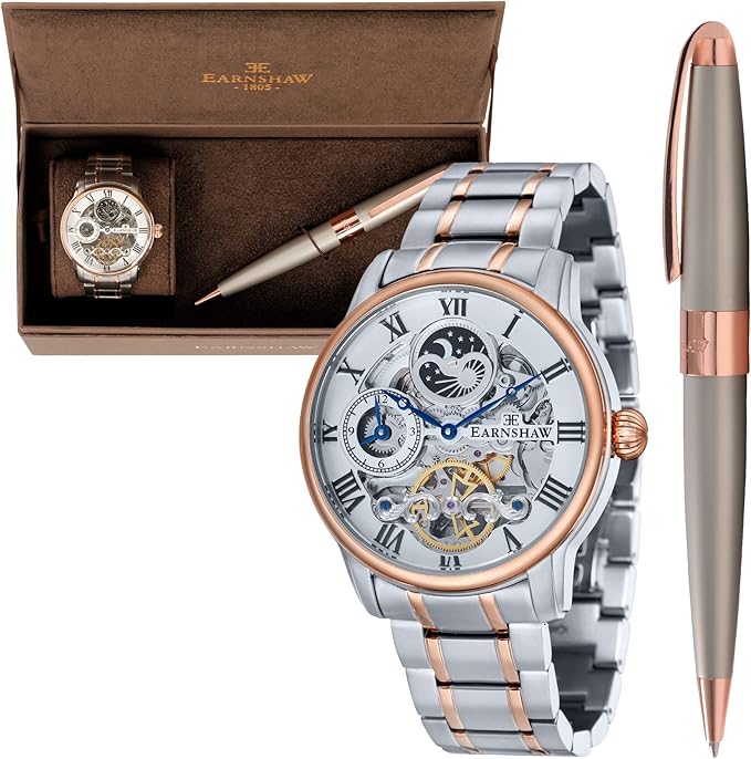 Thomas Earnshaw Mens Watch & Ball Pen Gift Set, Silver/Rose Gold Ball Pen and Longitude Automatic Skeleton Copper Steel Watch ES-8006-AMSET2