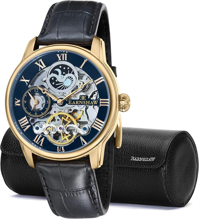 Thomas Earnshaw Mens Watch & Watch Roll Gift Set, Black Vegan Leather Watch Roll Case and Longitude Automatic Skeleton Caviar Black Watch ES-8006-AMSET4