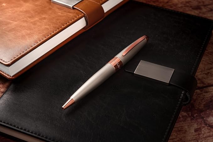 Thomas Earnshaw Mens Watch & Ball Pen Gift Set, Silver/Rose Gold Ball Pen and Longitude Automatic Skeleton Copper Steel Watch ES-8006-AMSET2