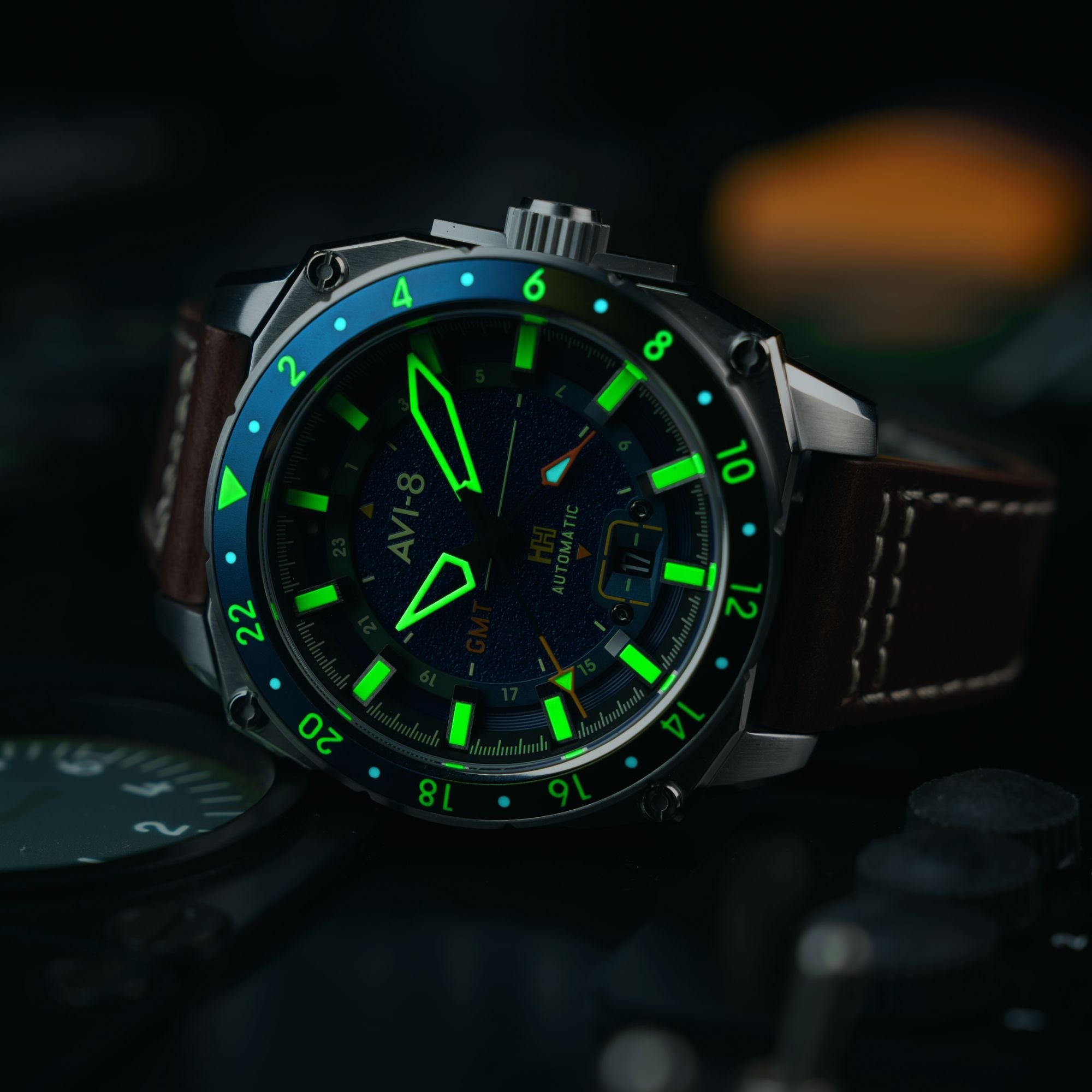 AVI-8 AVI-8 Hawker Hunter Atlas Gmt Automatic Earth Blue Men's Watch AV-4122-02