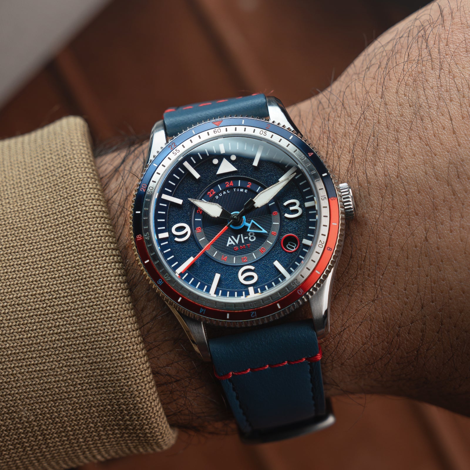 AVI-8 AVI-8 Flyboy Airmaster Gmt Automatic Cockpit Blue Men's Watch AV-4128-04