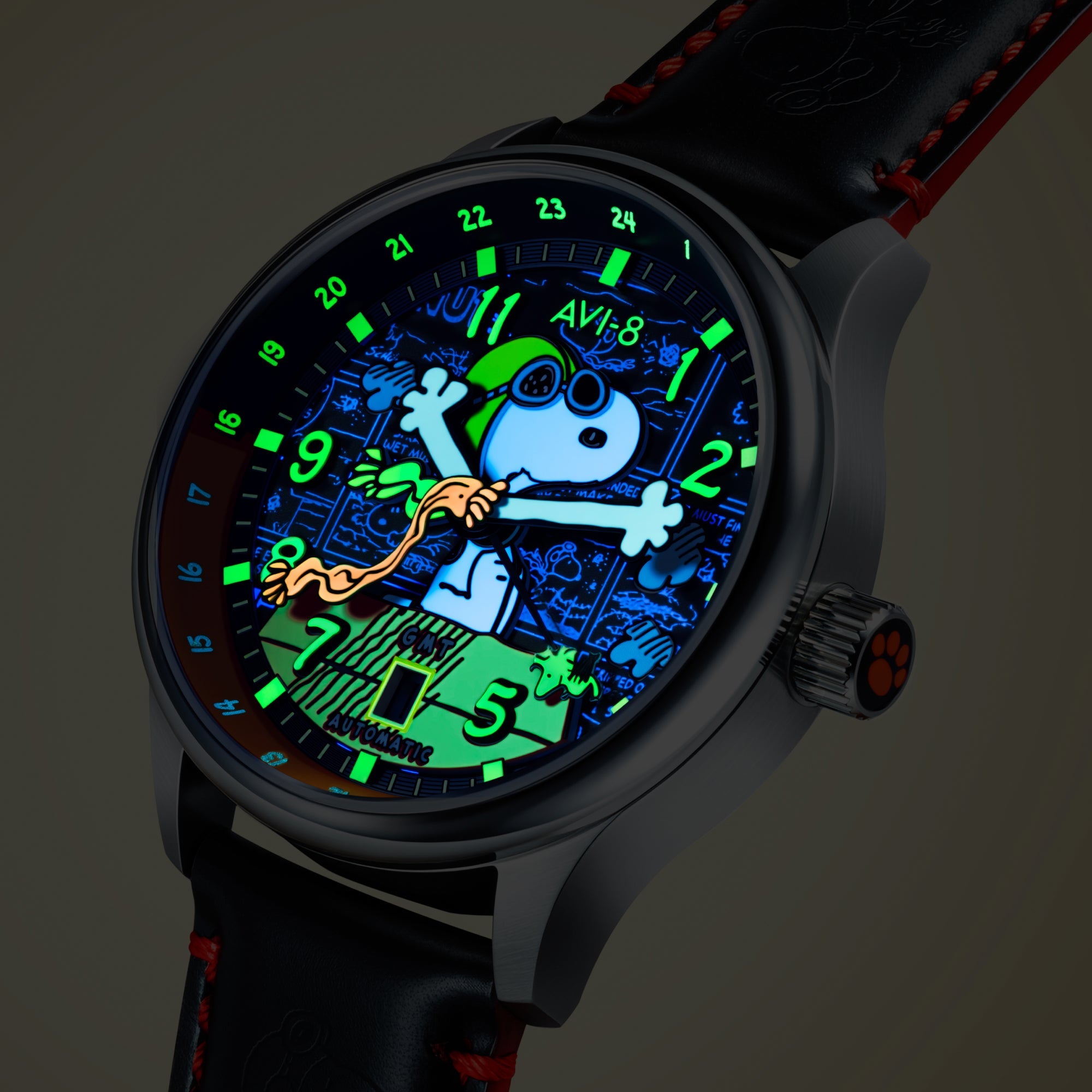 AVI-8 Hawker Hurricane Kent GMT Automatic Peanuts Snoopy Flying Ace Limited Edition Doghouse Red Men's Watch AV-4136-01