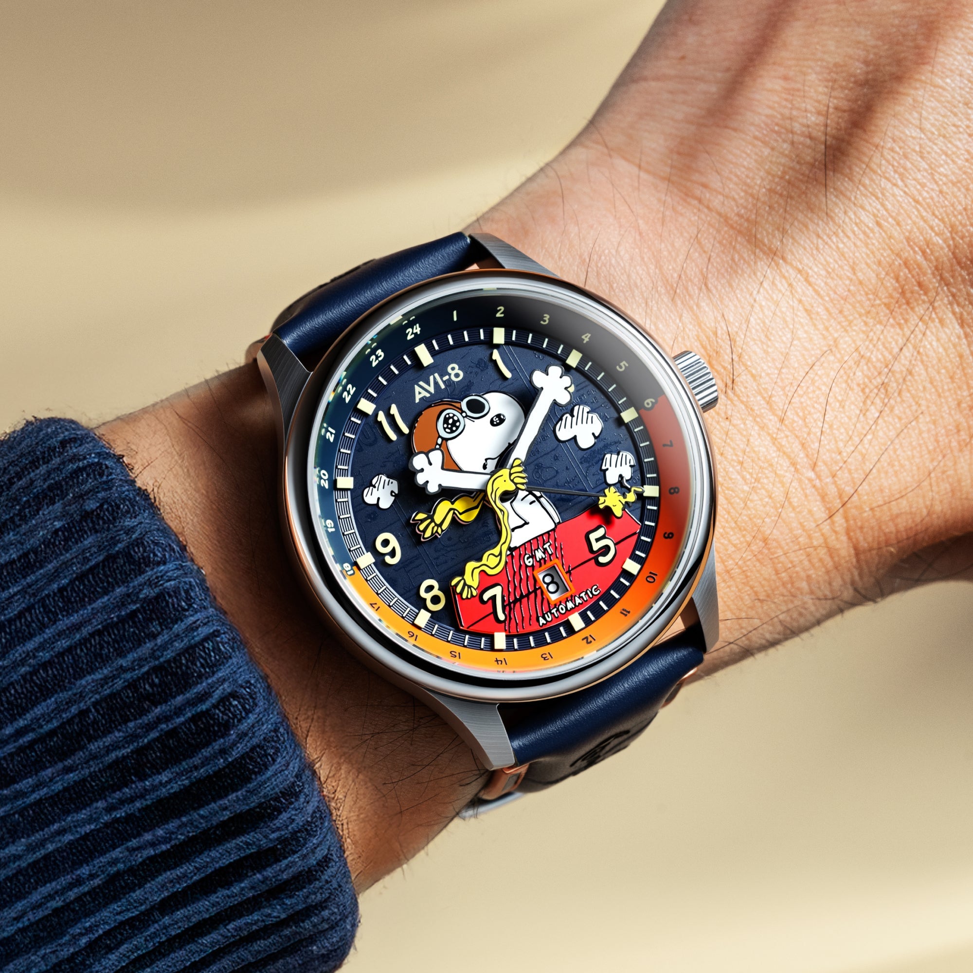 AVI-8 Hawker Hurricane Kent GMT Automatic Peanuts Snoopy Flying Ace Limited Edition Sketchbook Blue Men's Watch AV-4136-02