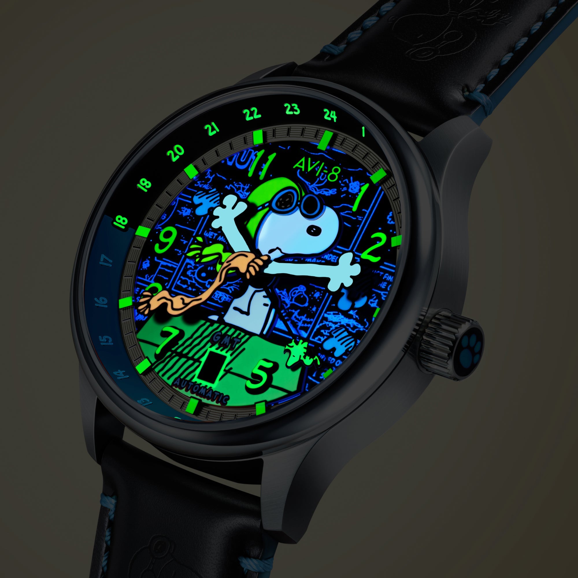 AVI-8 Hawker Hurricane Kent GMT Automatic Peanuts Snoopy Flying Ace Limited Edition Cream Brigade Men's Watch AV-4136-03