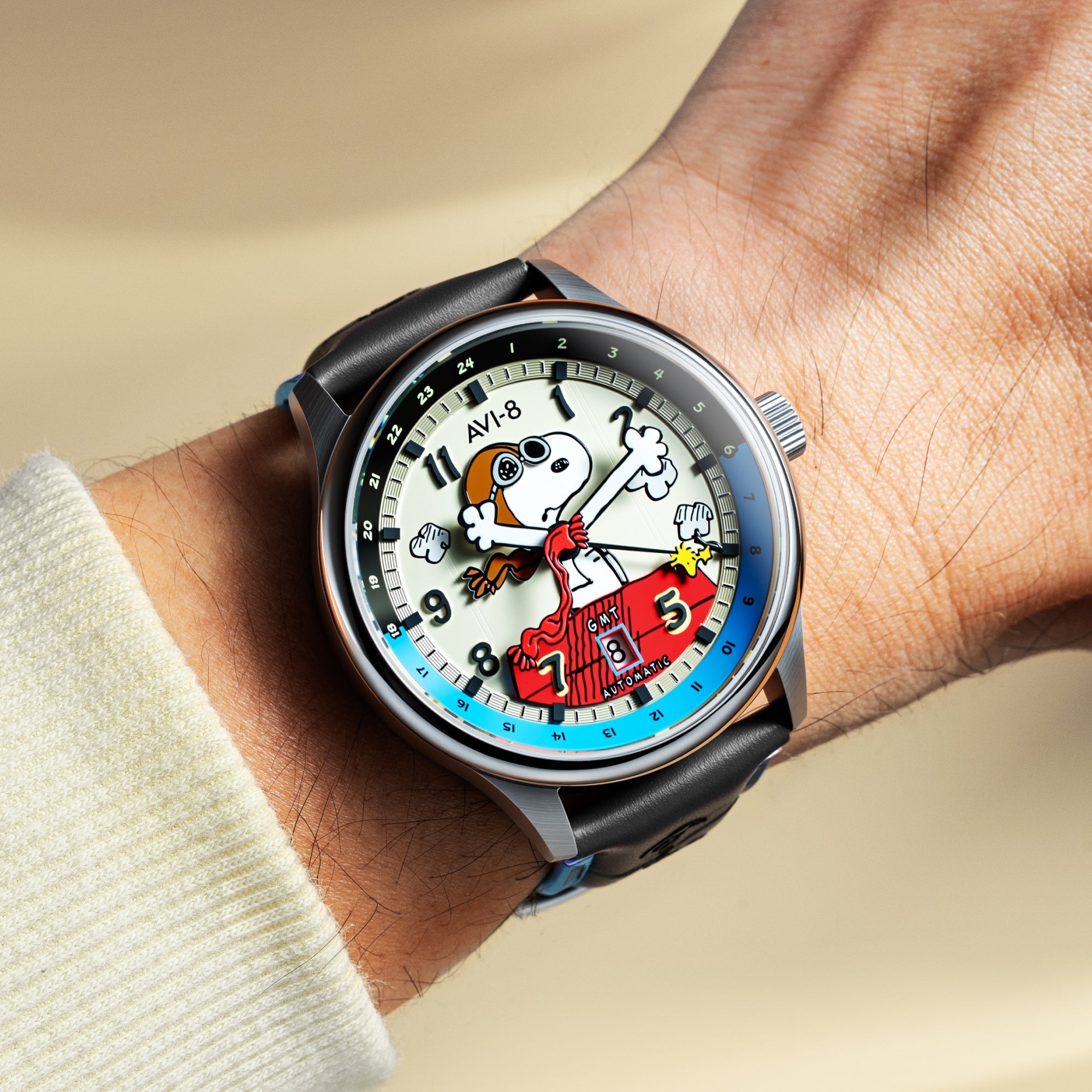 AVI-8 Hawker Hurricane Kent GMT Automatic Peanuts Snoopy Flying Ace Limited Edition Cream Brigade Men's Watch AV-4136-03