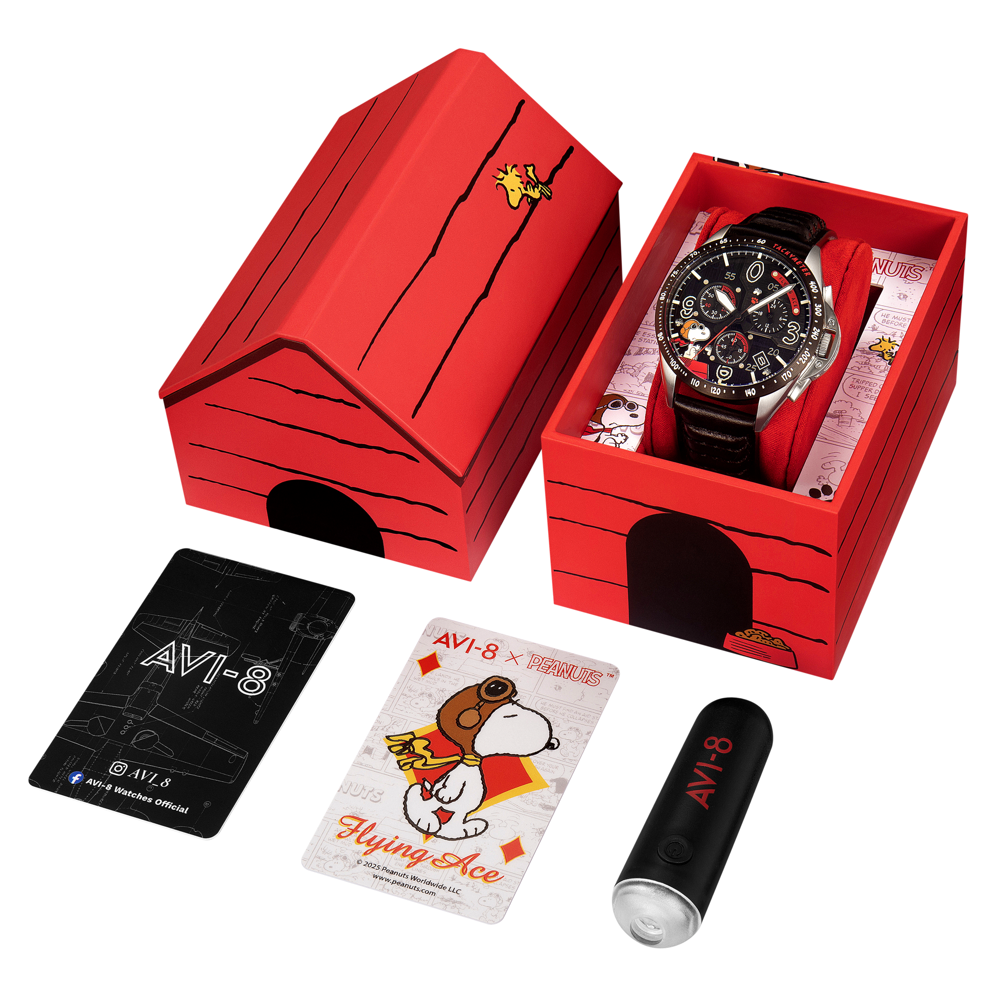 AVI-8 P-51 Mustang Blakeslee Chronograph Peanuts Snoopy Flying Ace Limited Edition Biplane Black Men's Watch AV-4140-01