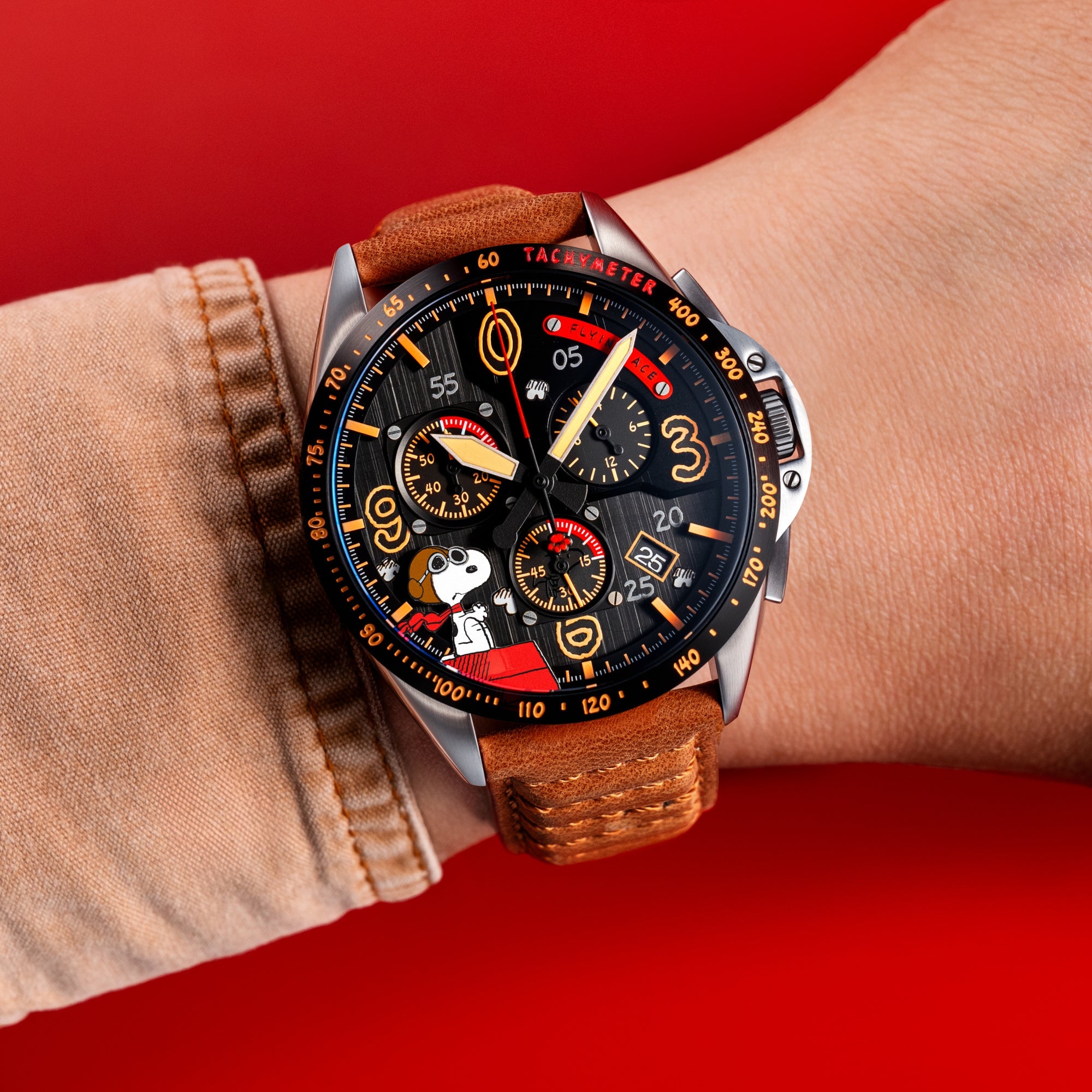 AVI-8 AVI-8 P-51 Mustang Blakeslee Chronograph Peanuts Snoopy Flying Ace Limited Edition Biplane Brown Men's Watch AV-4140-02