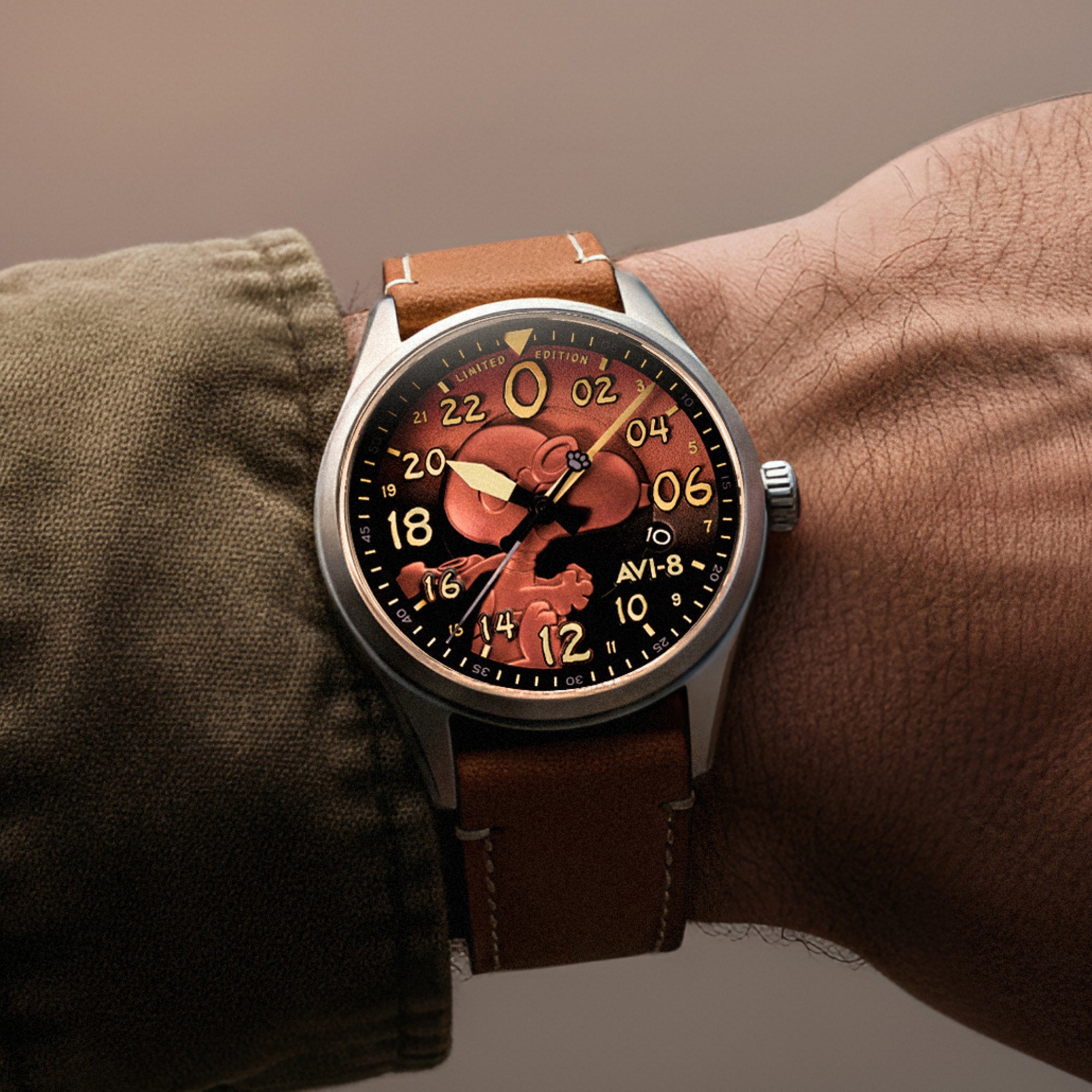 AVI-8 AVI-8 Spitfire Peanuts Snoopy Flying Ace 24 Hour Automatic Limited Edition Burnt Orange Men's Watch AV-4150-02