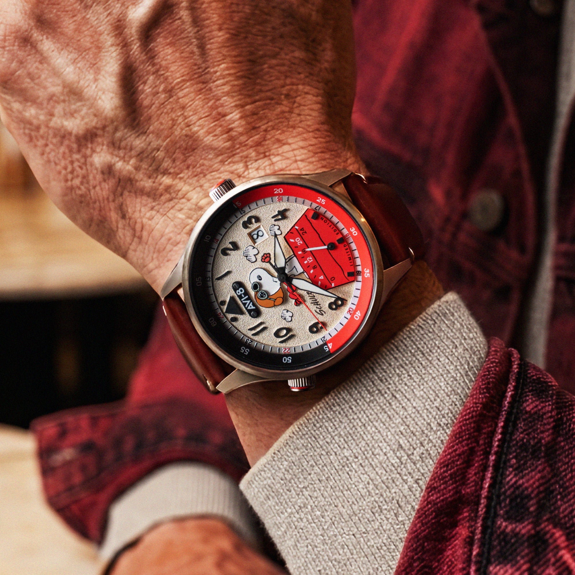 AVI-8 AVI-8 Hawker Hurricane Mckellar Dual Time Peanuts Snoopy Flying Ace Limited Edition Ruby Ace Men's Watch AV-4151-03