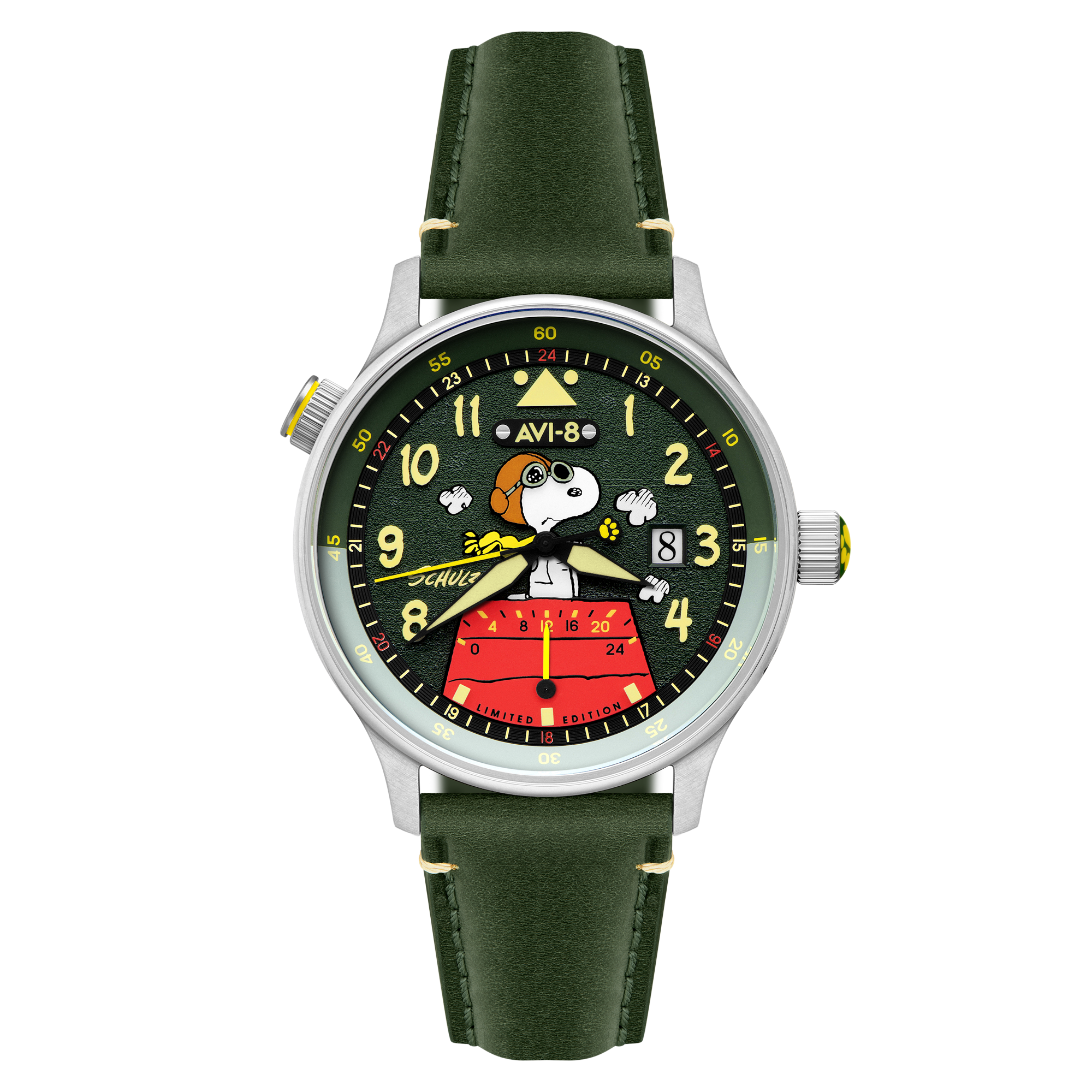 AVI-8 AVI-8 Hawker Hurricane Mckellar Dual Time Peanuts Snoopy Flying Ace Limited Edition Pine Pilot Men's Watch AV-4151-05
