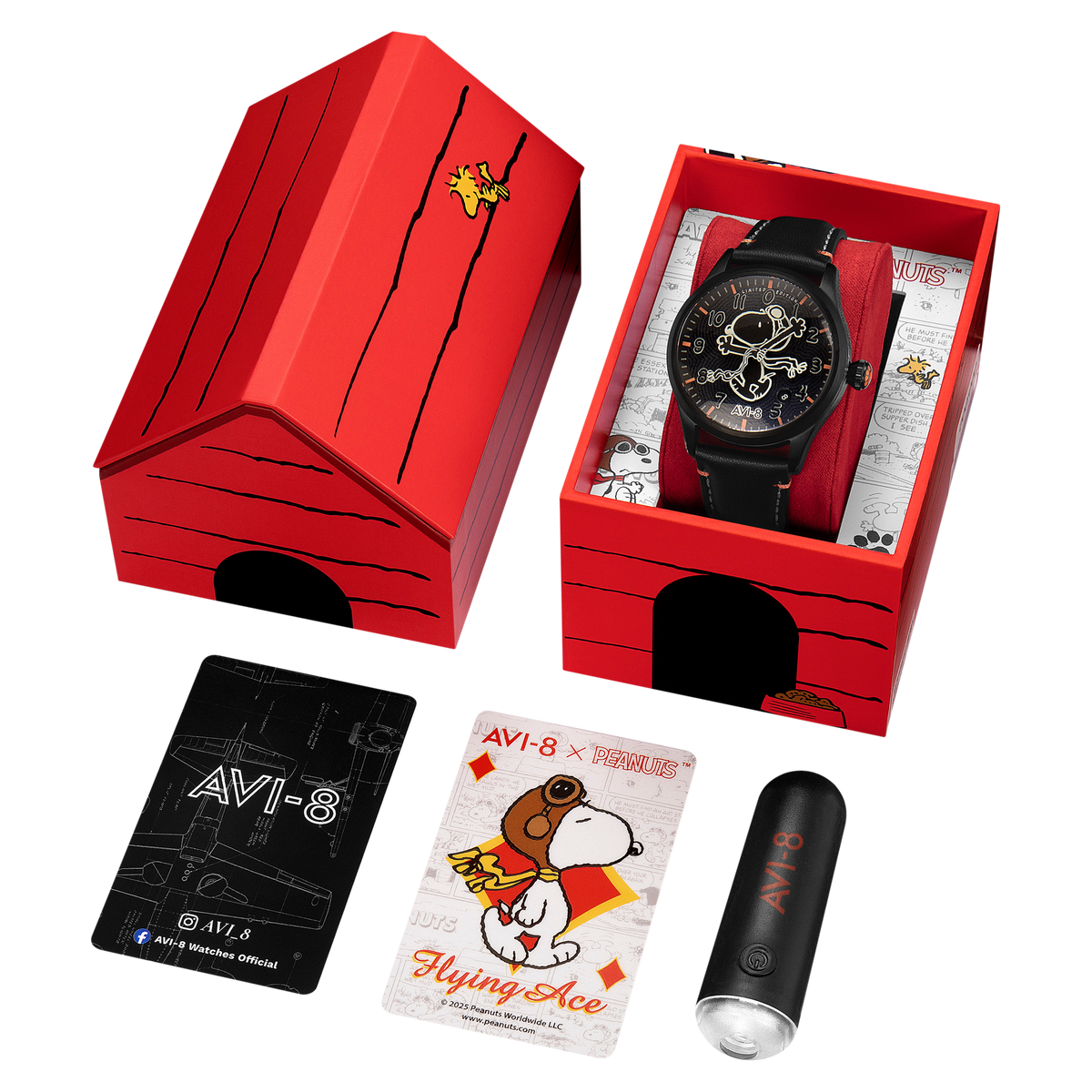 AVI-8 AVI-8 Flyboy Engineer Automatic Peanuts Snoopy Flying Ace Monotone Limited Edition Obsidian Ace Men's Watch AV-4156-02