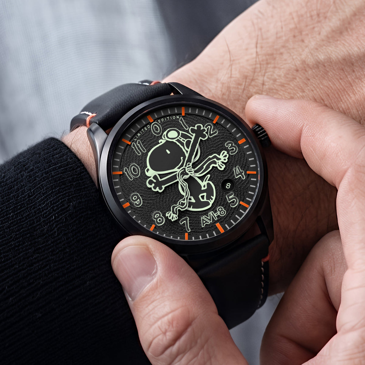 AVI-8 AVI-8 Flyboy Engineer Automatic Peanuts Snoopy Flying Ace Monotone Limited Edition Obsidian Ace Men's Watch AV-4156-02