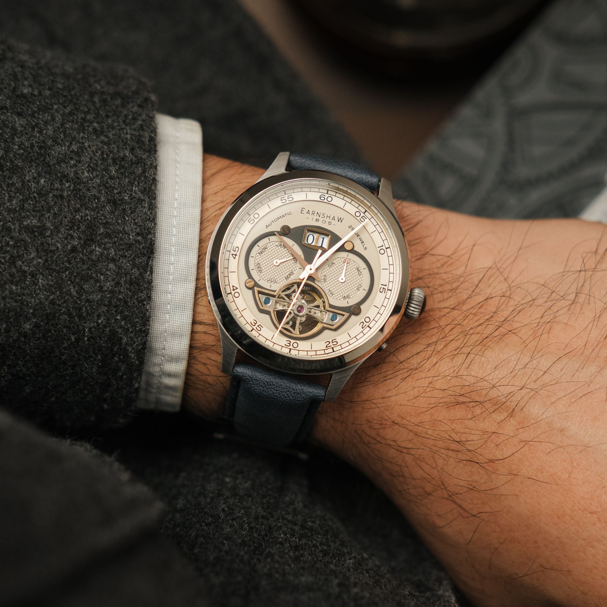 THOMAS EARNSHAW Thomas Earnshaw Baron Grand Date Calendar Open Heart Automatic Camel Blue Men's Watch ES-8187-04