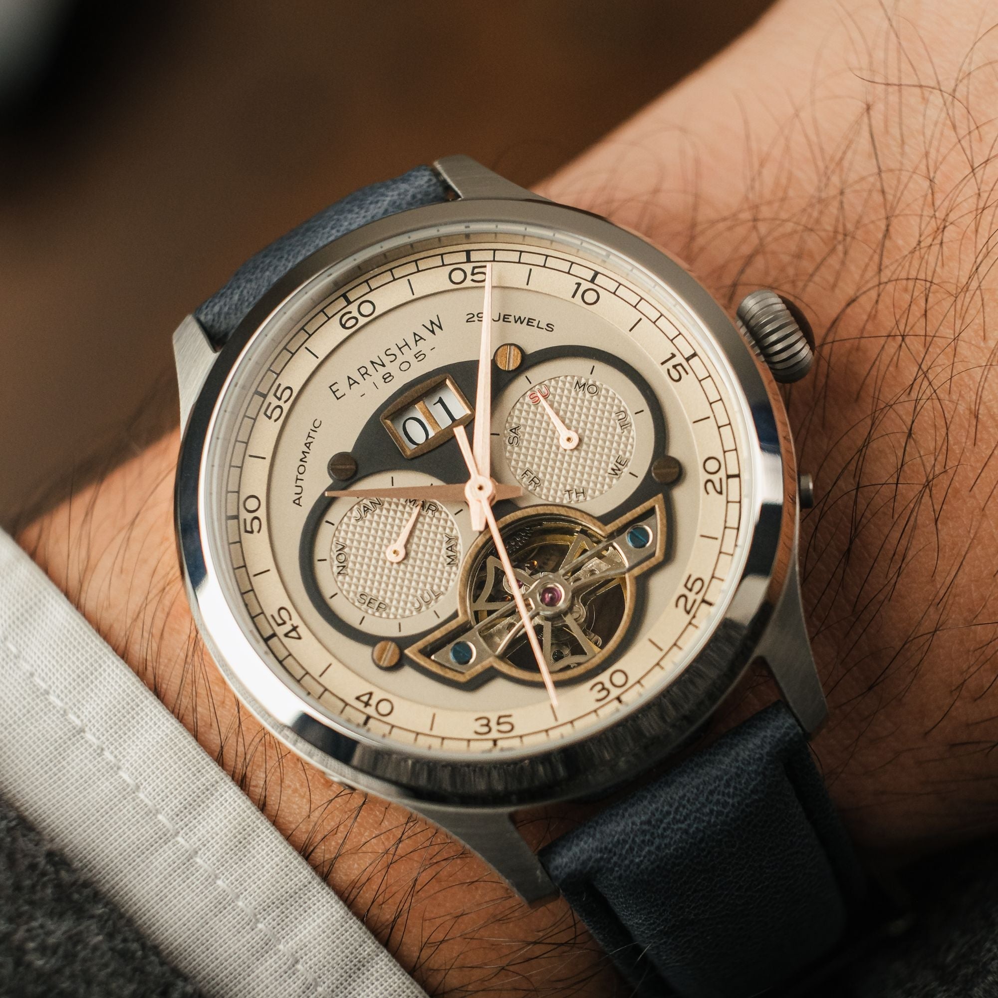 THOMAS EARNSHAW Thomas Earnshaw Baron Grand Date Calendar Open Heart Automatic Camel Blue Men's Watch ES-8187-04