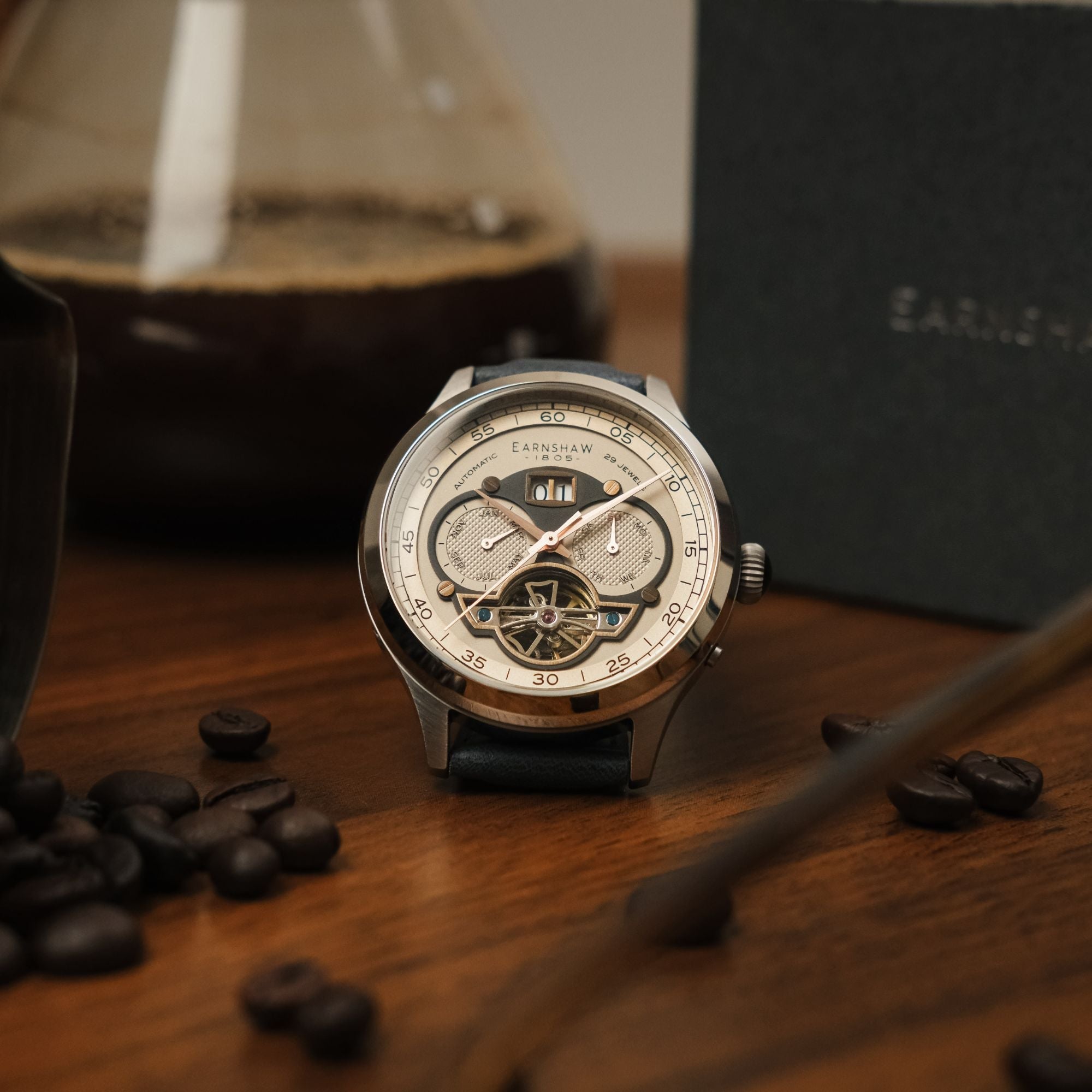 THOMAS EARNSHAW Thomas Earnshaw Baron Grand Date Calendar Open Heart Automatic Camel Blue Men's Watch ES-8187-04