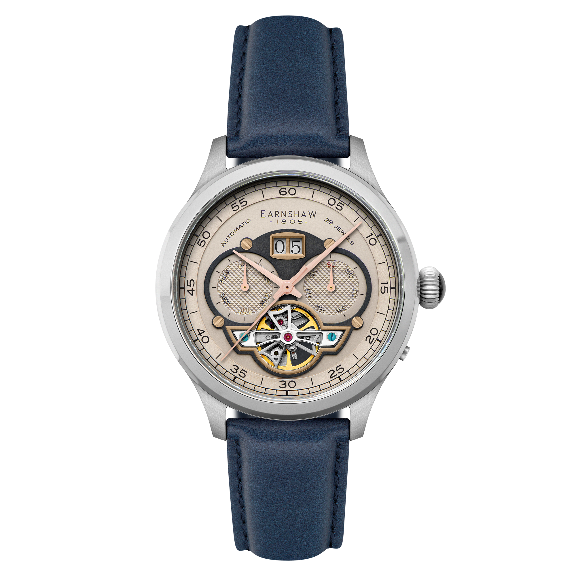 THOMAS EARNSHAW Thomas Earnshaw Baron Grand Date Calendar Open Heart Automatic Camel Blue Men's Watch ES-8187-04