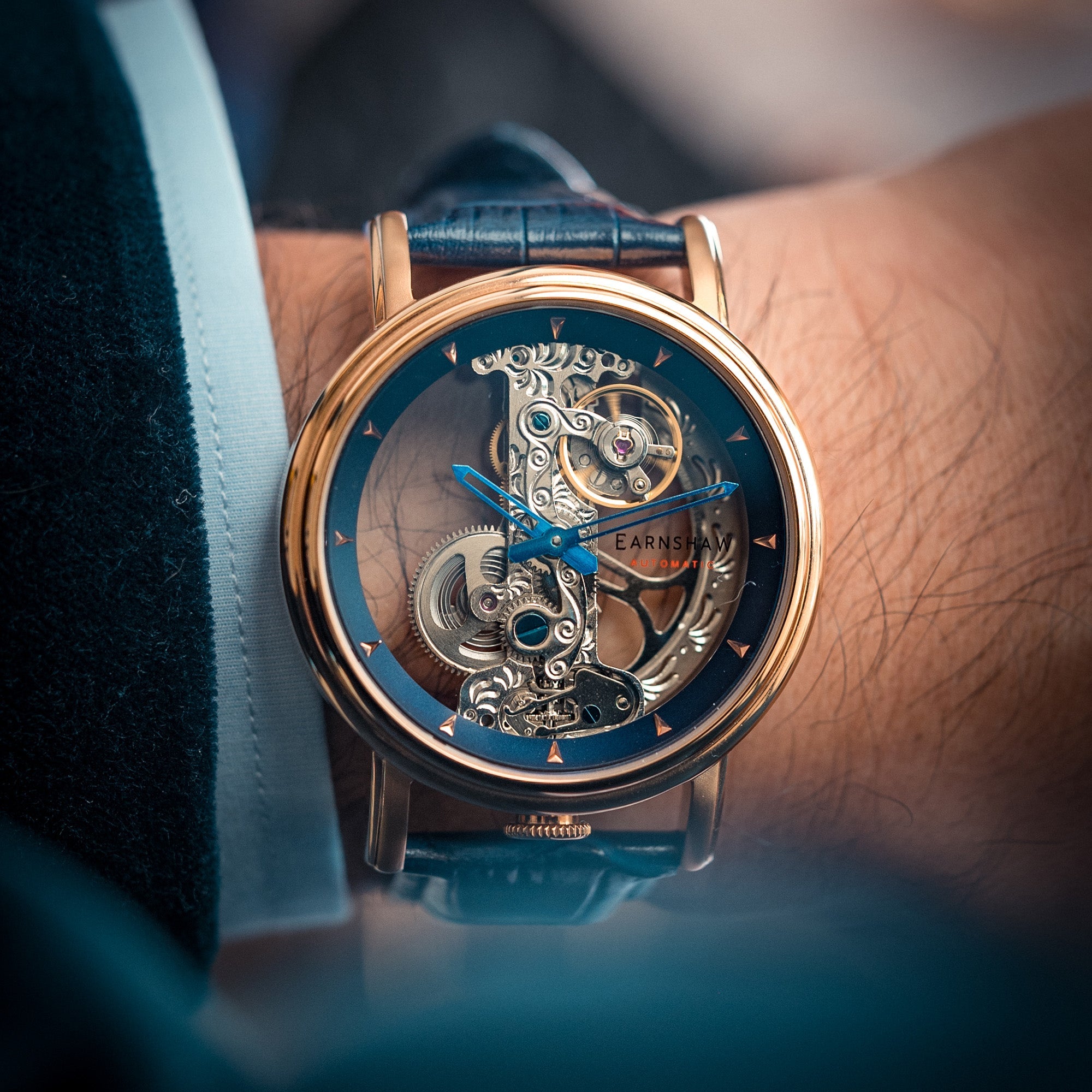 THOMAS EARNSHAW Thomas Earnshaw Fowler Bridge Men's Skeleton Blue Rose Gold Watch ES-8225-06
