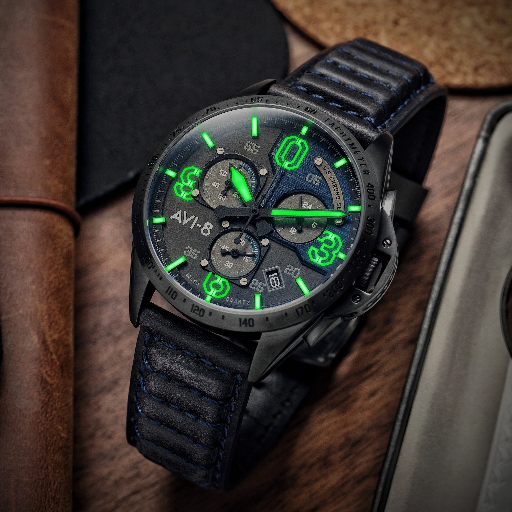 AVI-8 AVI-8 Mens P-51 Mustang Blakeslee Chronograph Air Blue Japanese Meca-Quartz Pilot Watch AV-4077-04