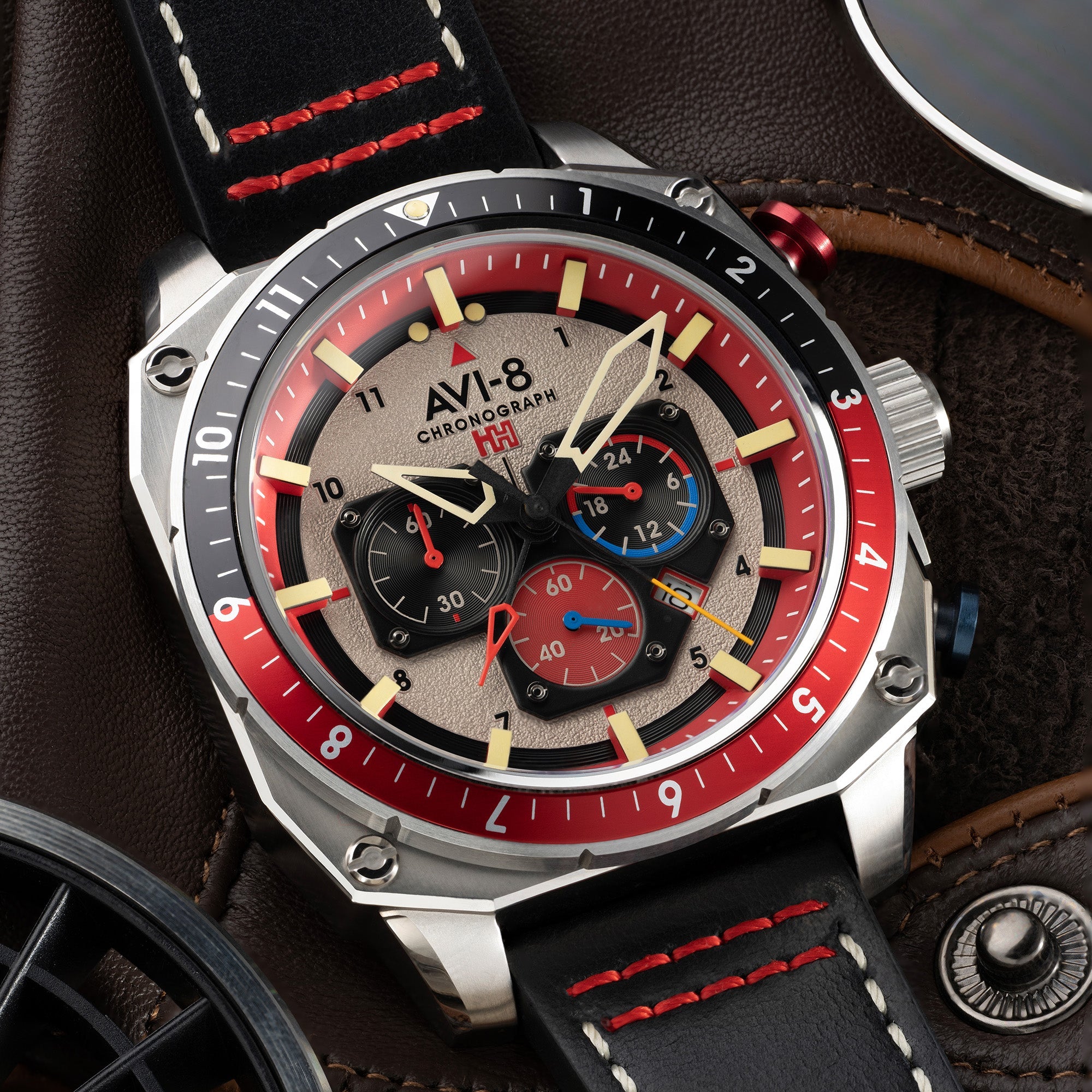 AVI-8 AVI-8 Atlas Dual Time Japanese Chronograph Hazard Red Men's Watch AV-4100-03