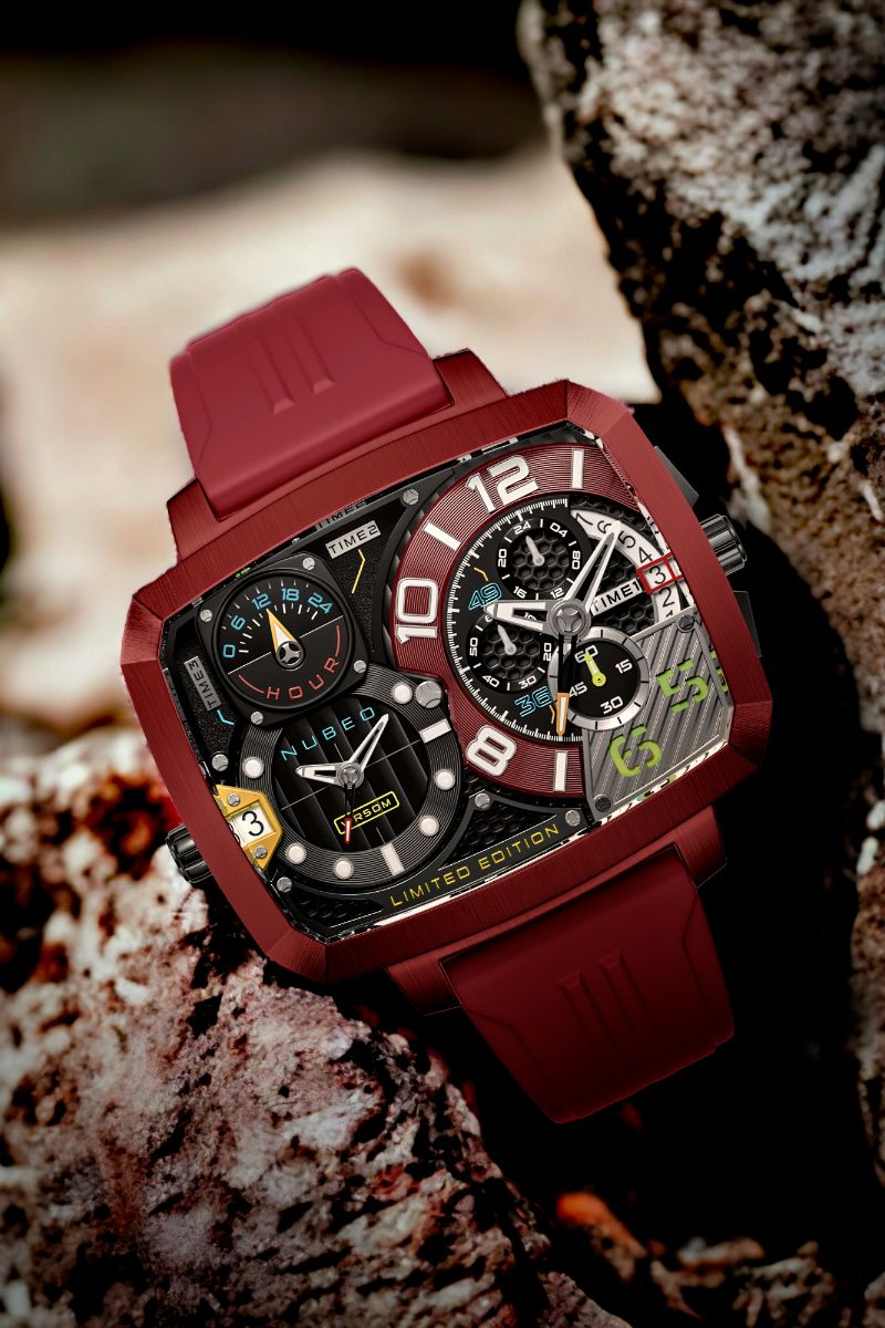 NUBEO Nubeo Odyssey Triple Time Zone Chronograph Limited Edition Metallic Red Men's Watch NB-6084-02