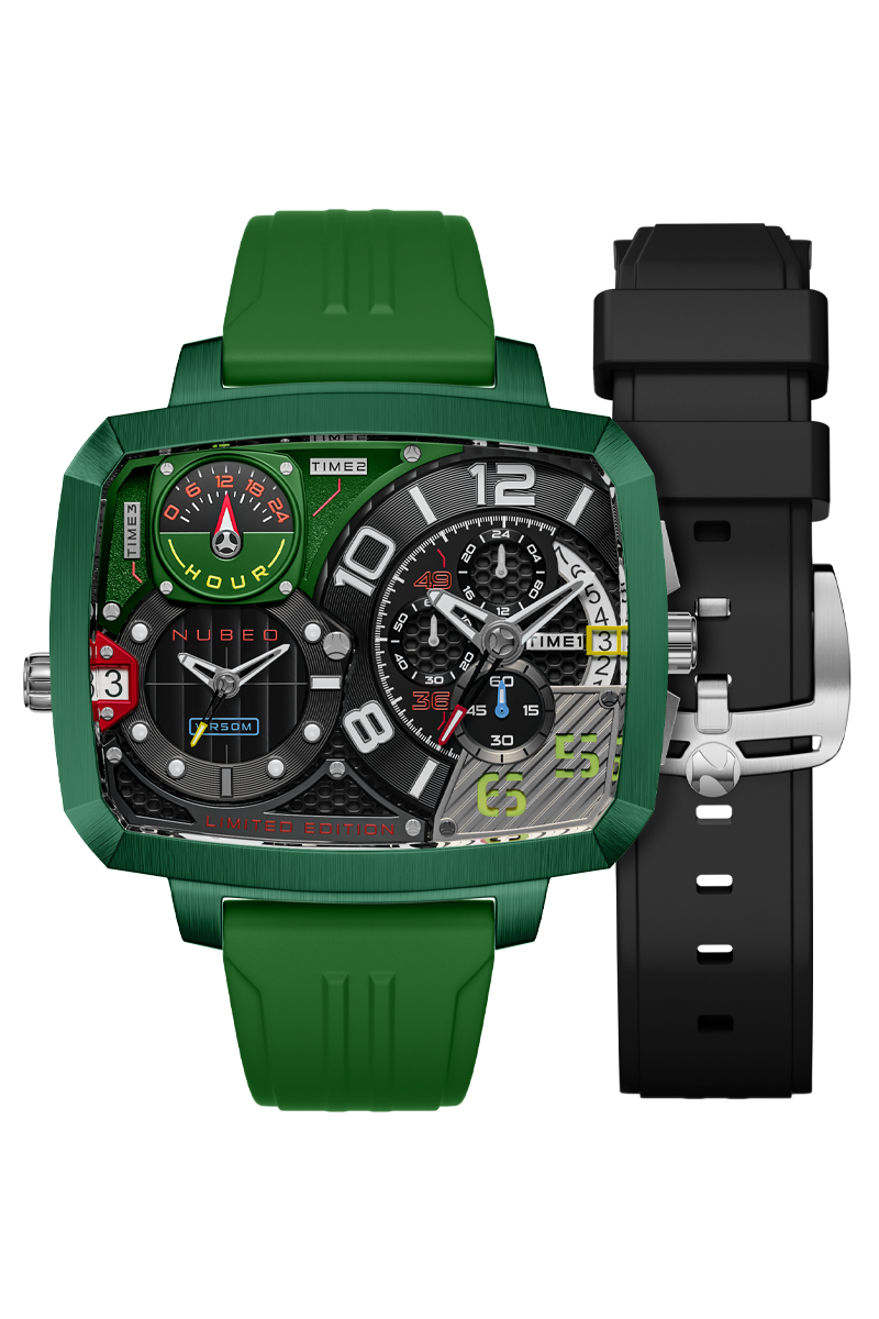 NUBEO Nubeo Odyssey Triple Time Zone Chronograph Limited Edition Metallic Green Men's Watch NB-6084-03