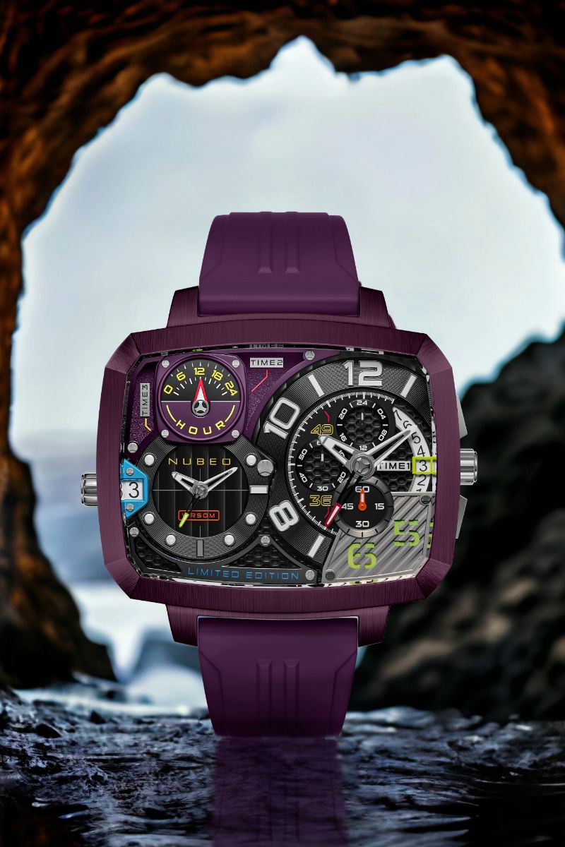 NUBEO Nubeo Odyssey Triple Time Zone Chronograph Limited Edition Metallic Purple Men's Watch NB-6084-06